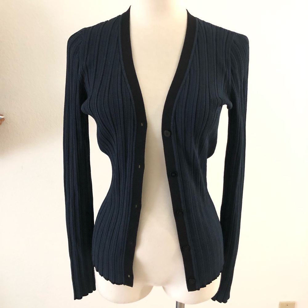 NWOT Theory Women's Dark Navy Cardigan Sweater with Black Trim